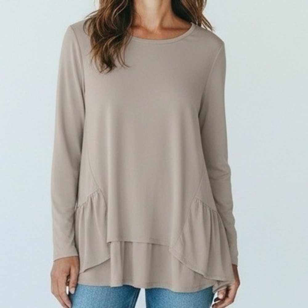 Sympli Tunic Top Women 8 Beige Ruffle Hem Lagenlook Slinky Art Teacher‎ Chic